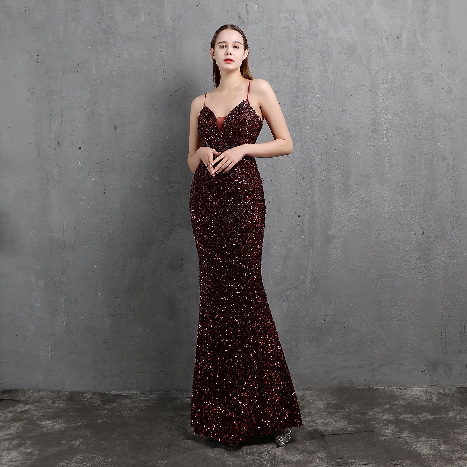 Women Heavy Crafts Colorful Sequins Long Party Evening Dress