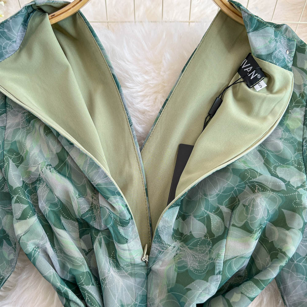 Women French Style Long-Sleeved V-Neck Lace-Up Maxi Print Bodycon Dress 22