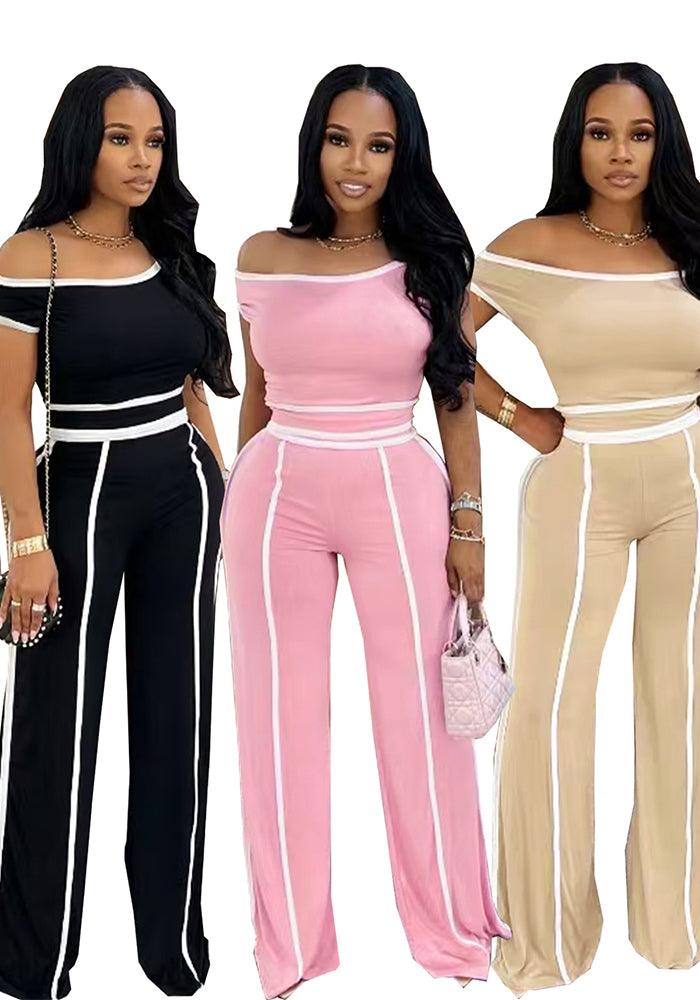 Women Summer Casual Off Shoulder Top and Long Pants Two Piece Set 9