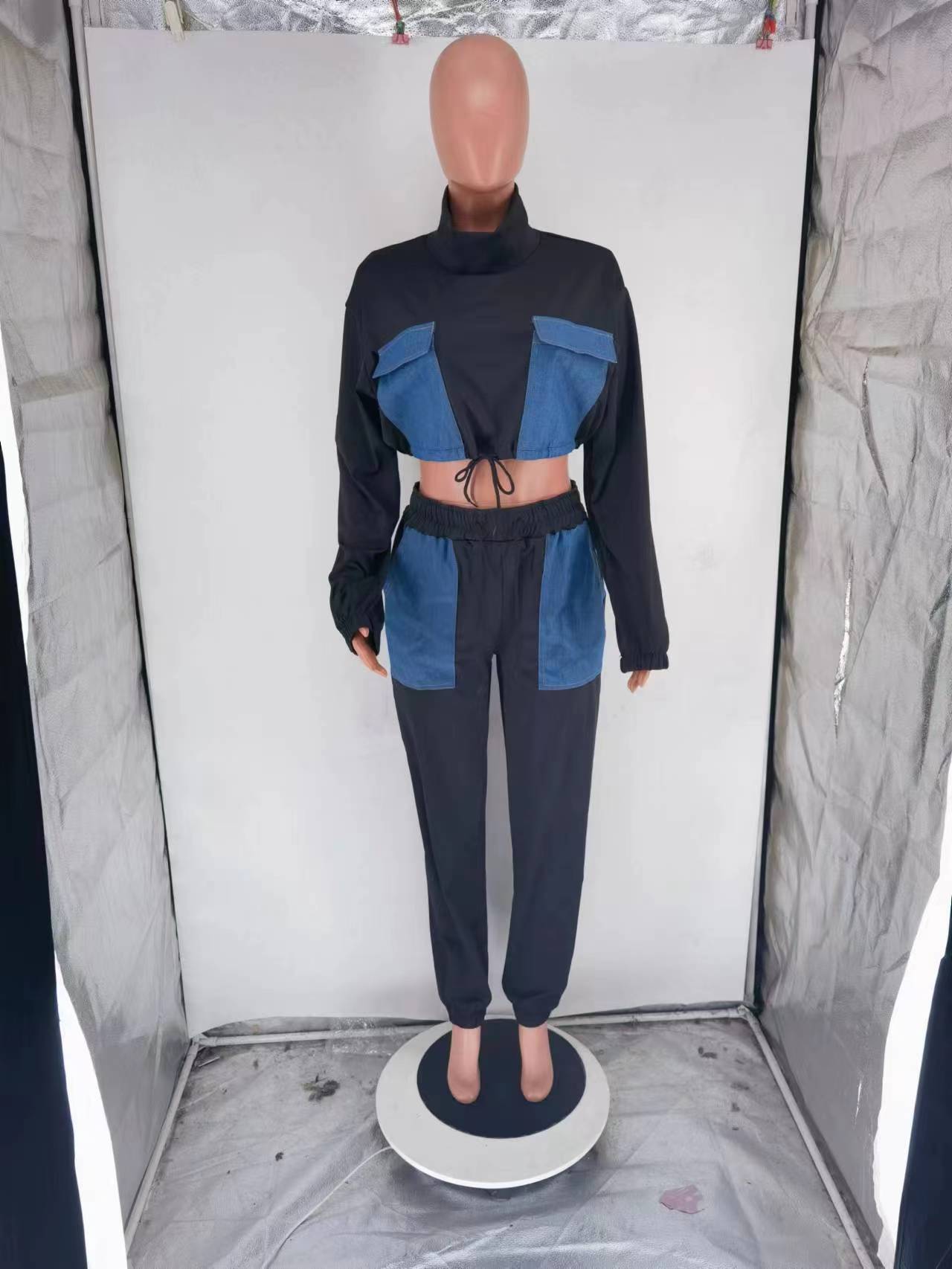 Women's Autumn And Winter Fashion Patchwork High Collar Open Waist Two-Piece Pants Set 6