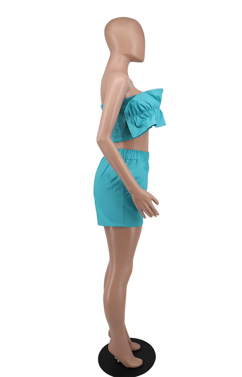 Women's Fashion Solid Strapless Two-Piece Shorts Set Casual Ladies Casual Summer Outfit 12