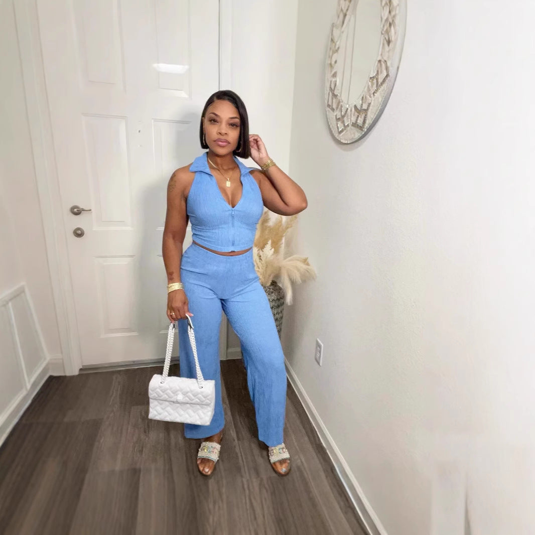 Summer Women’s Sleeveless Pleated Top and Casual Pants Set 7