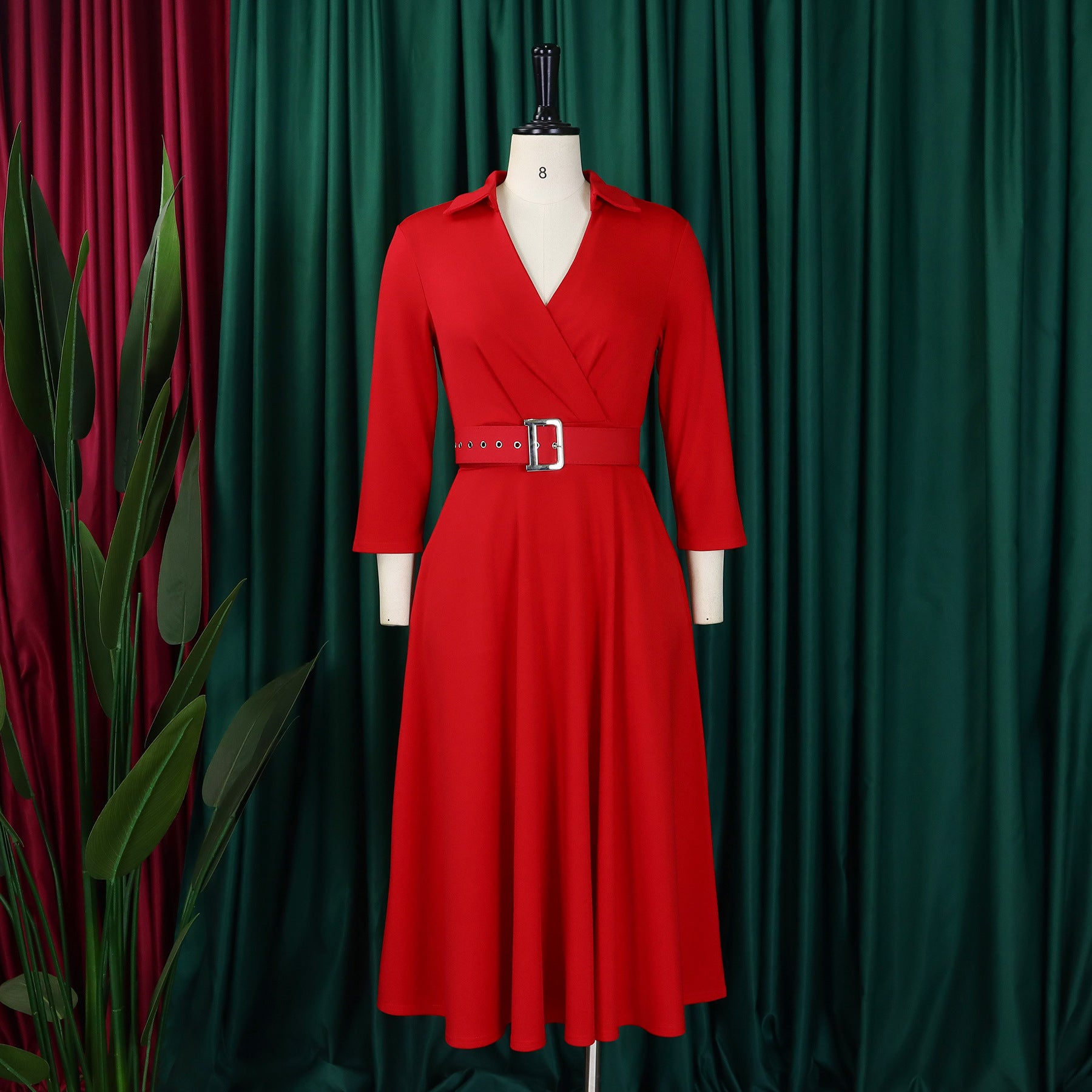 Plus Size Women Autumn Turndown Collar Solid Dress 11