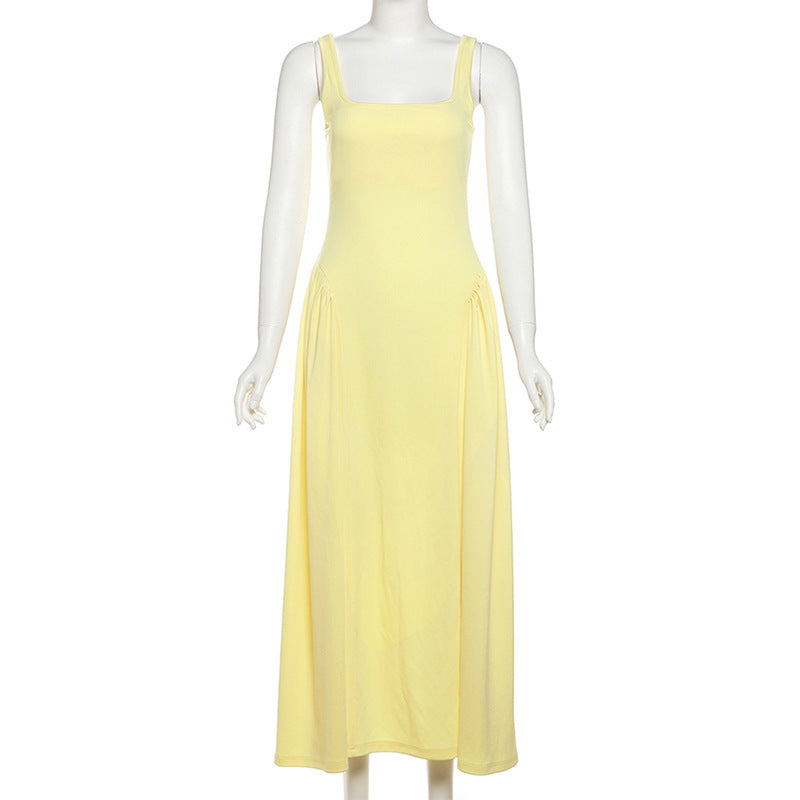 Summer Elegant Chic High Waist Solid Square Neck Strap A-line Dress 7