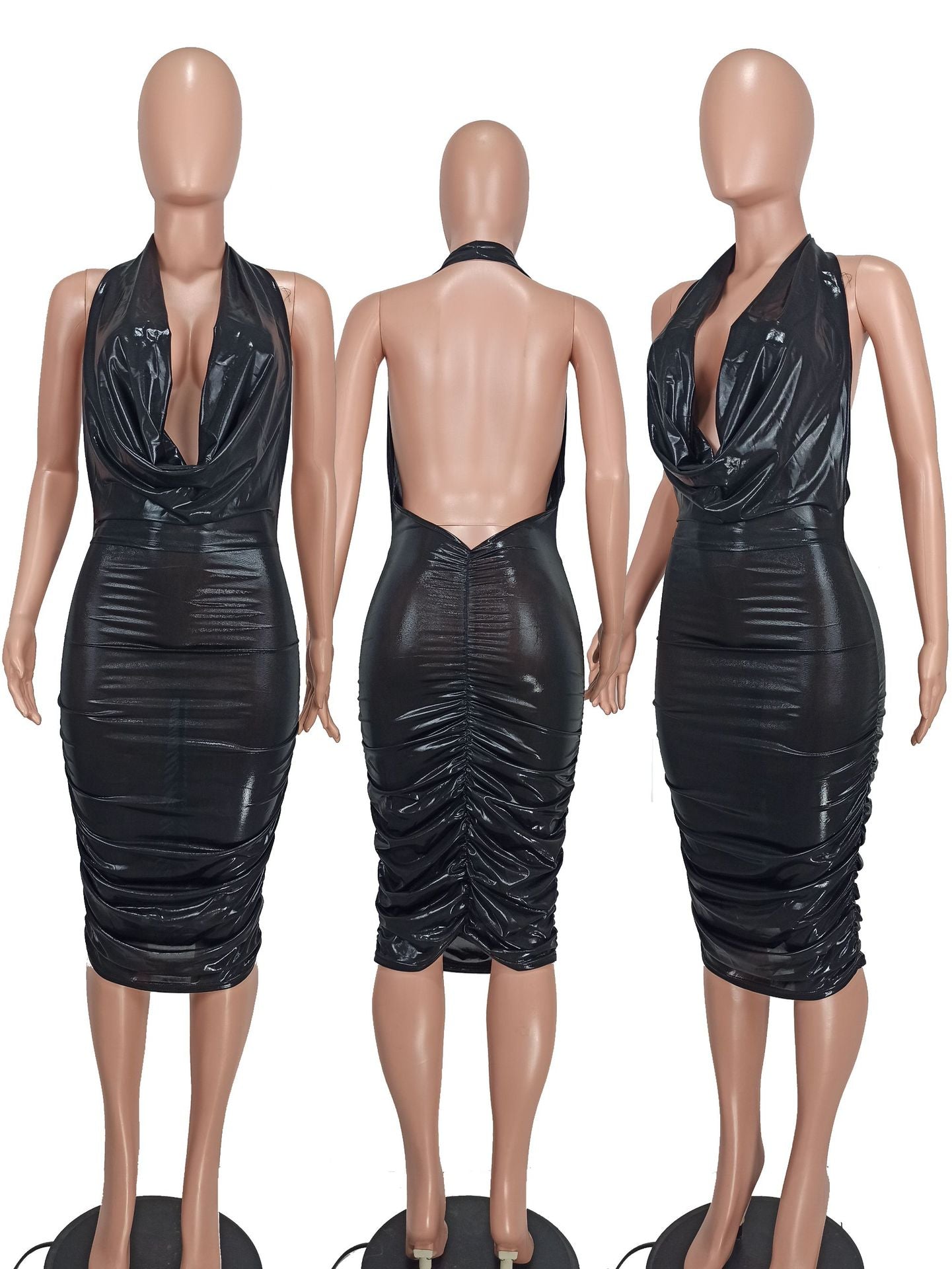 Ladies Sexy Low Neck Low Back Shiny Dress 13