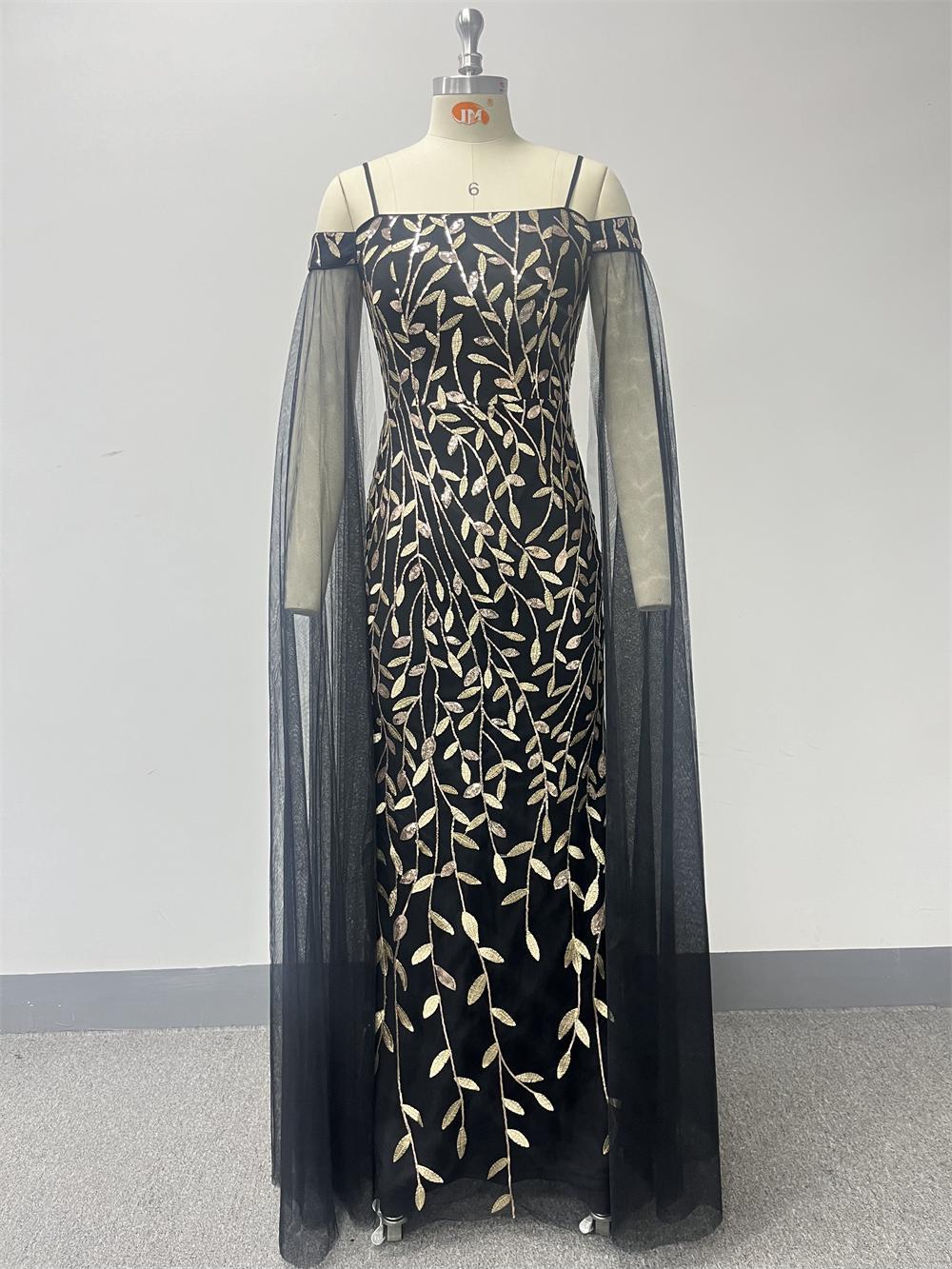 Women black elegant sequin embroidered off-shoulder suspenders formal evening gown 12