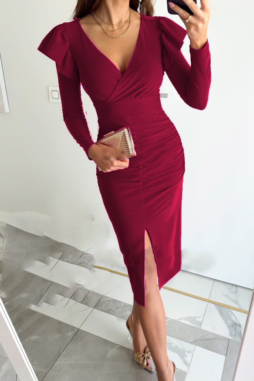 V-Neck Chic Slim Waist Slit Solid Color Long-Sleeve Midi Dress 3