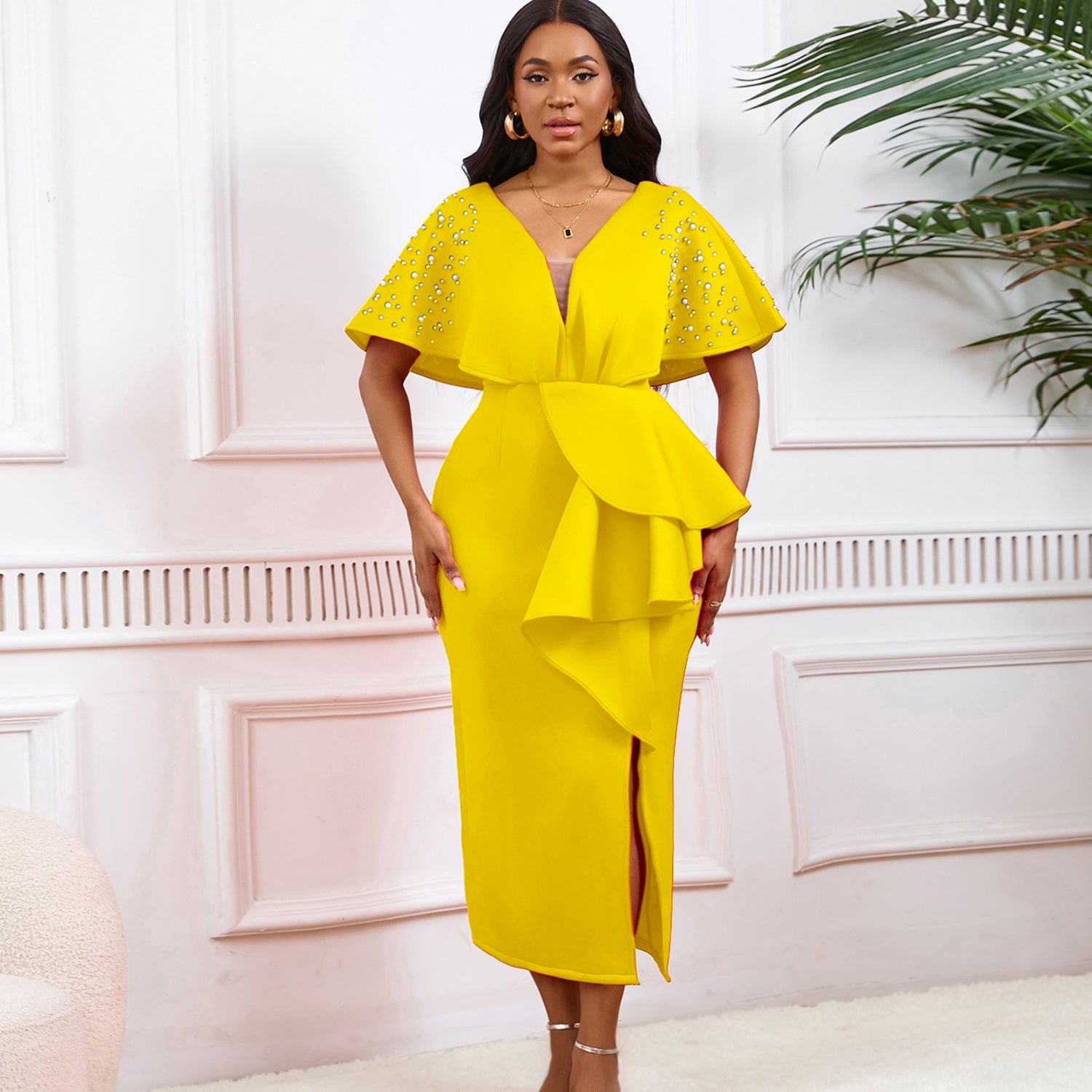 Summer Sexy V-Neck Ruffle Slit Beaded Evening Dress Chic Formal Party Gown 10