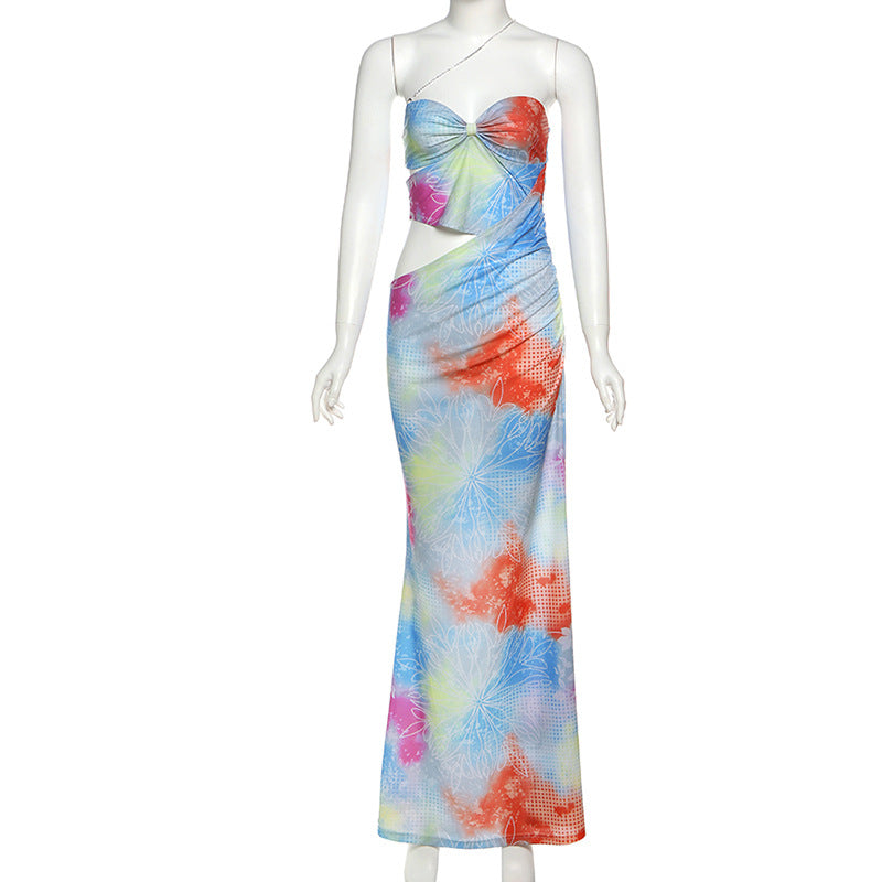 Spring-Summer Women's Sexy Contrast Print Cutout Strapless Slim Waist Long Dress 5