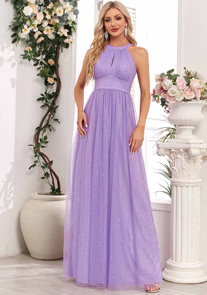 Shiny Sleeveless Halter Neck Mesh Evening Dress A-Line Party Dress