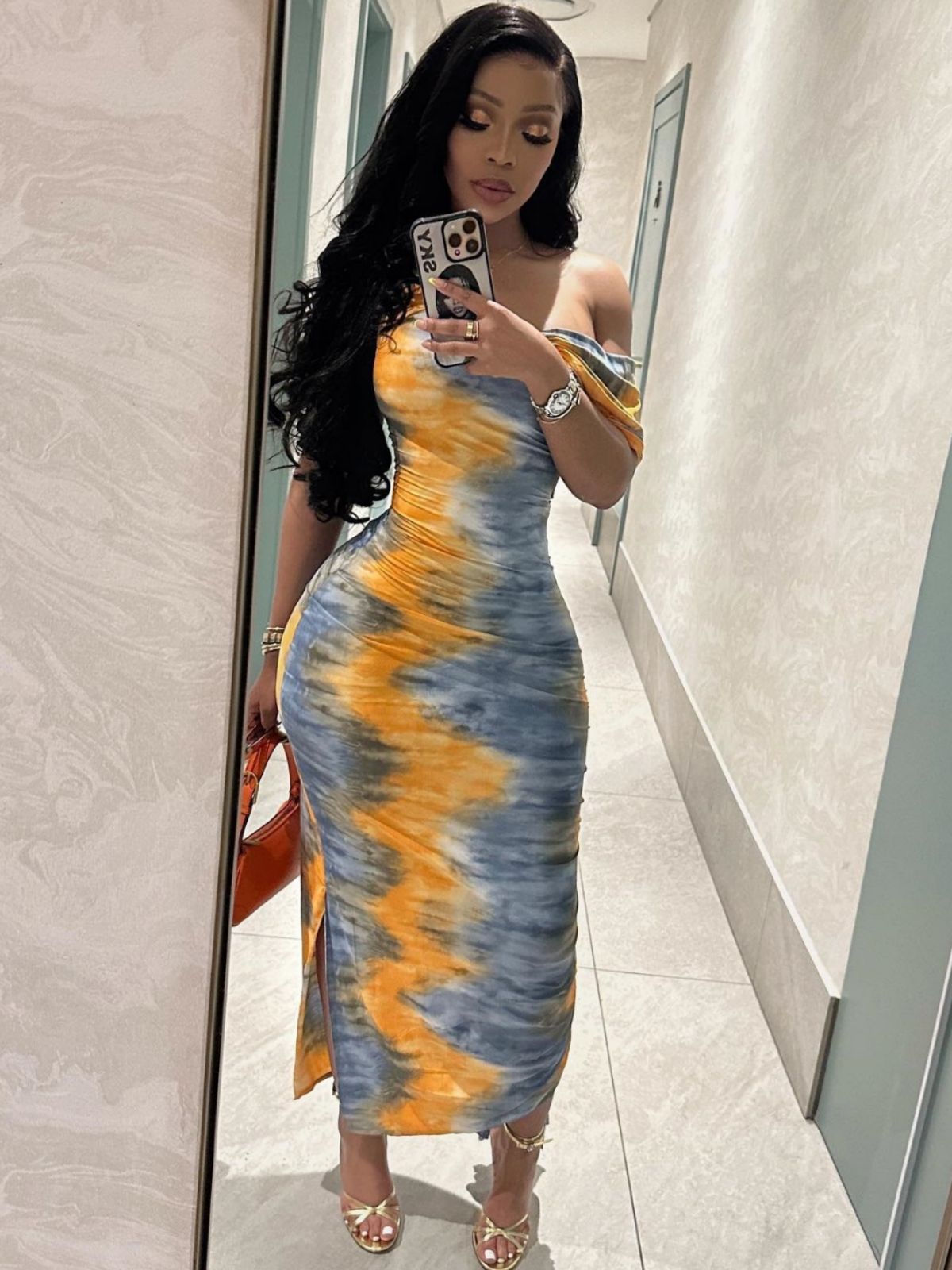 Slash Shoulder Tight Fitting Dress Printed Maxi Bodycon Women Dress 7