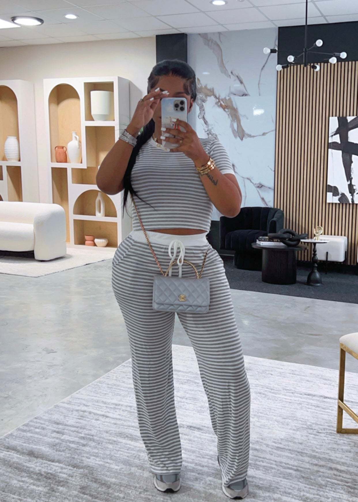 Casual Short Sleeve Striped Two-Piece Pants Set