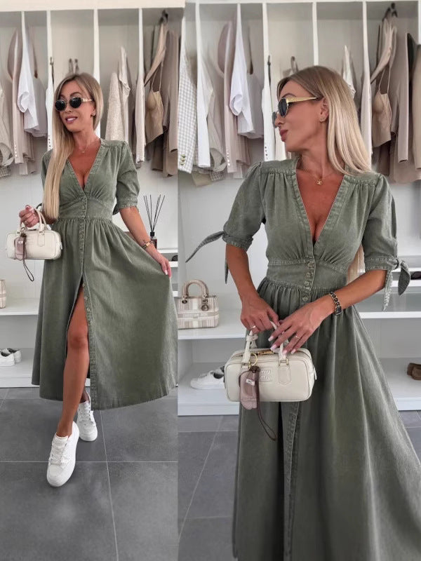 Women V-neck Short Sleeve Denim Button Dress 9