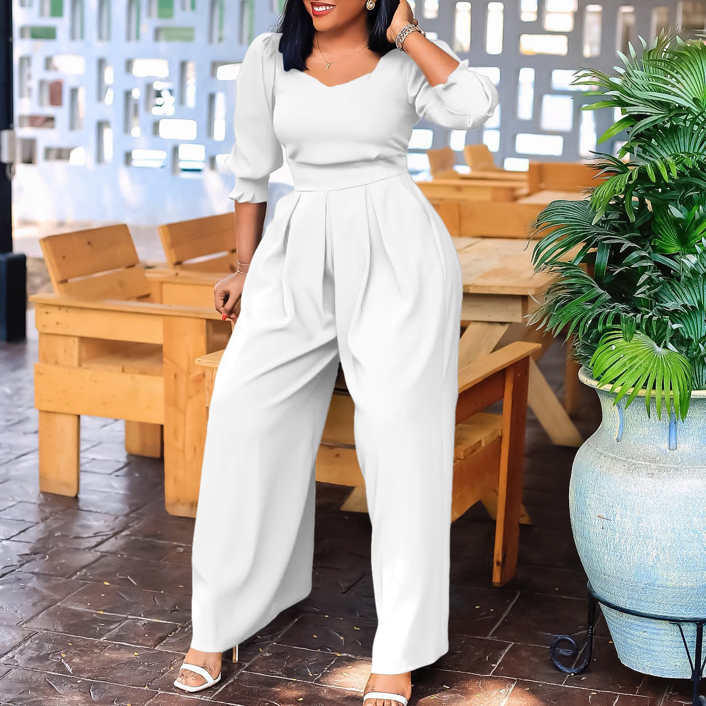 Plus Size African Women Long Sleeve Solid Loose Wide Leg Jumpsuit 10