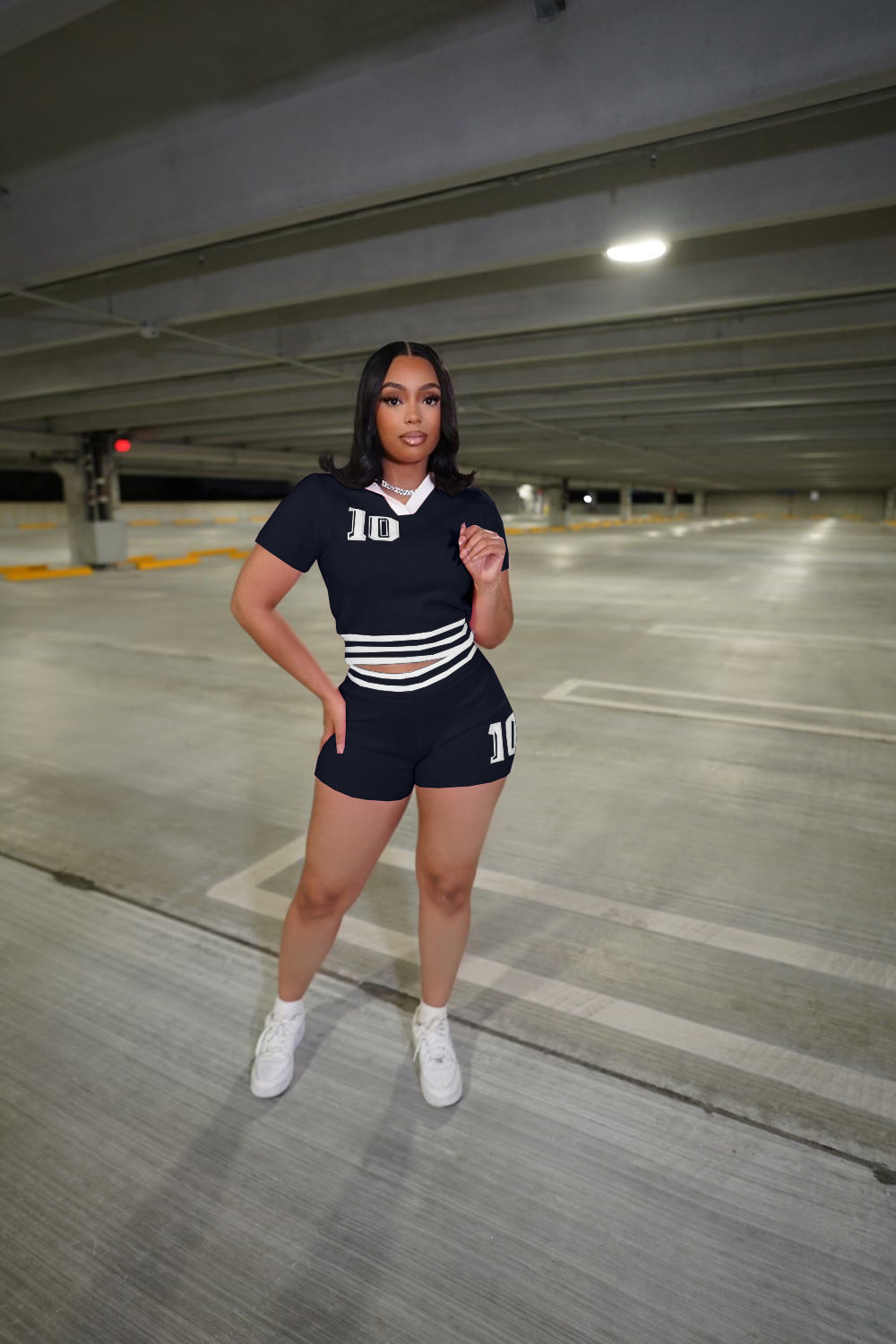 Fashionable Summer Turndown Collar Contrast Knit Top Shorts Set