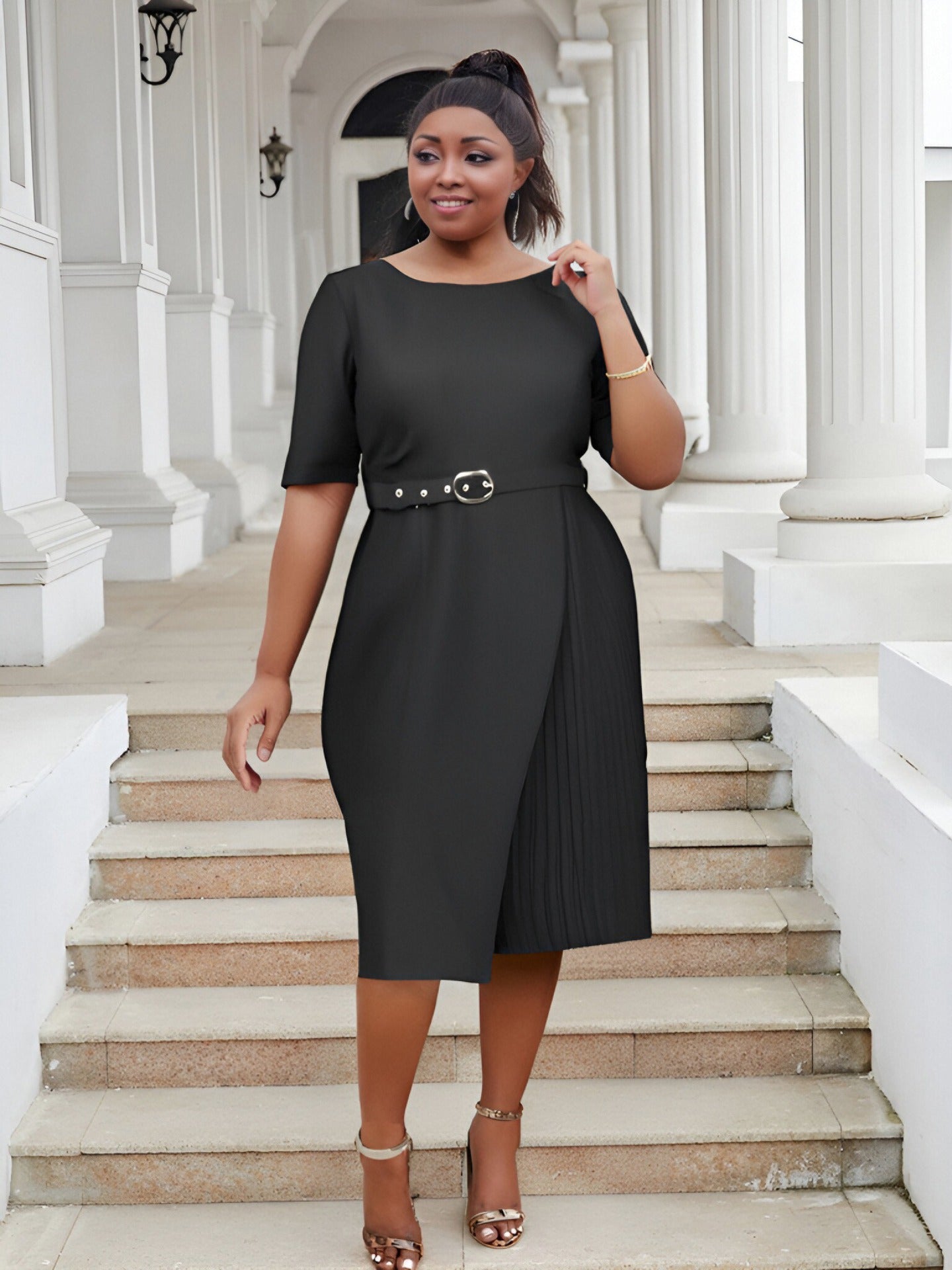 Plus Size Women Casual Patchwork Pleated Elegant Dress 9