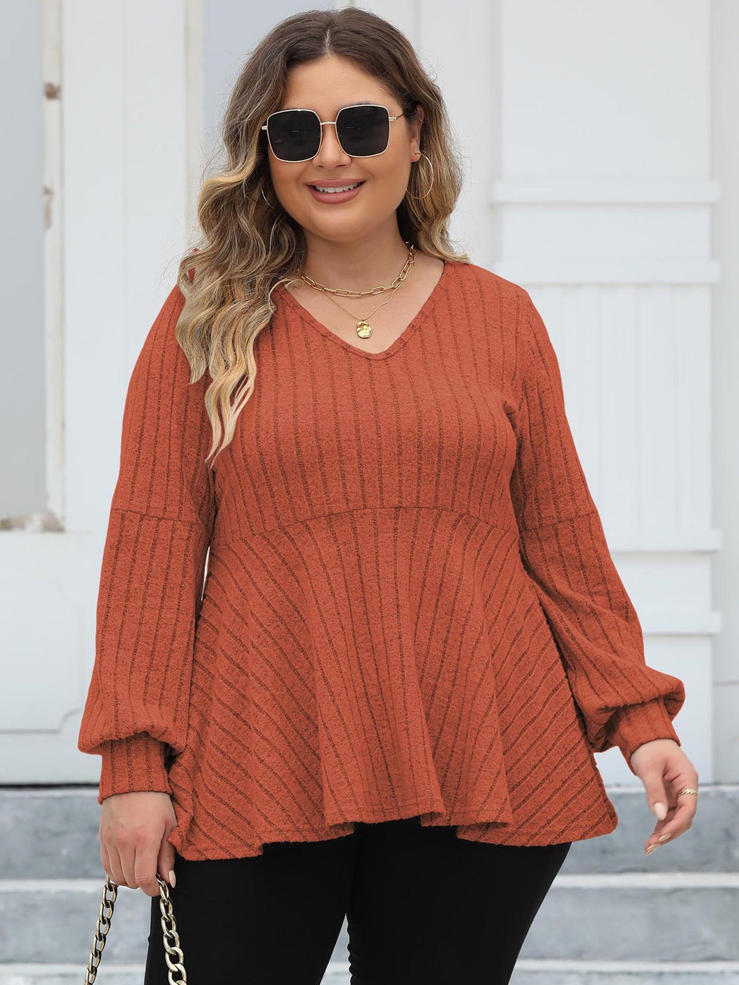 Women's Plus Size Tops Spring And Autumn V-Neck Ribbed Lantern Sleeve T-Shirt Basic Shirt 5