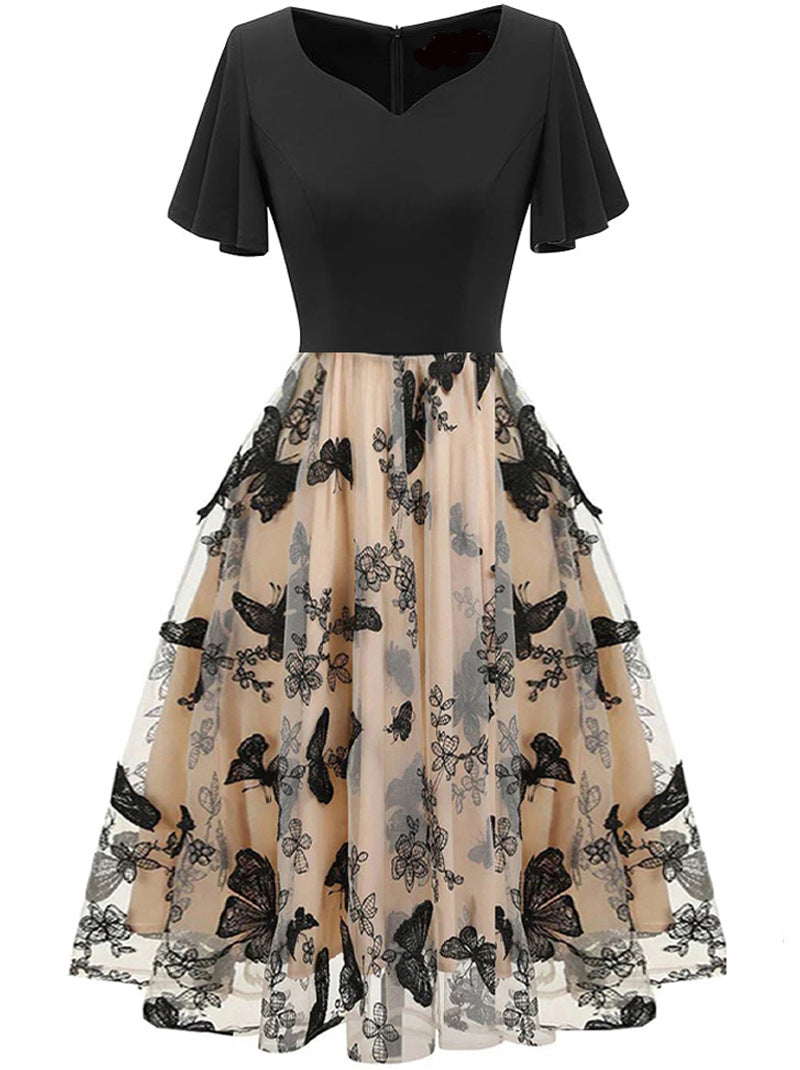 Women V-neck Patchwork Short Sleeve Retro Butterfly Mesh Embroidered Dress 6