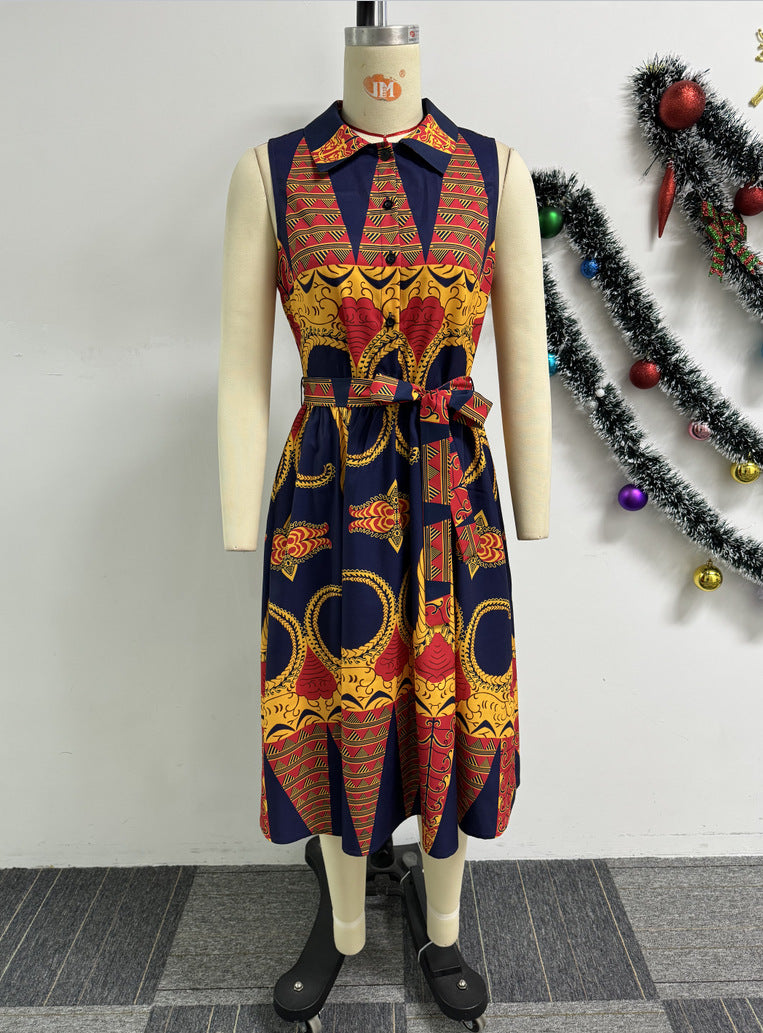 Sexy Printed Turndown Collar Sleeveless Slim Waist African Dress 5