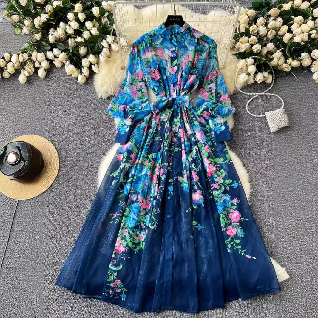 Printed Stand Collar Long-Sleeve Slim Waist Belt Chiffon Maxi Dress 6