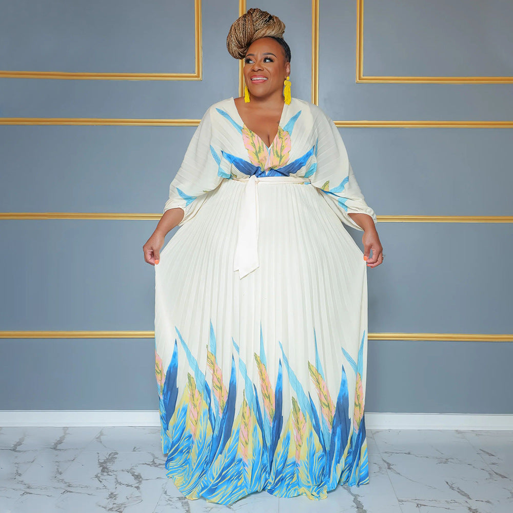 Plus Size Women's Chic V-Neck Slim Waist Printed Pleated Maxi Dress 4