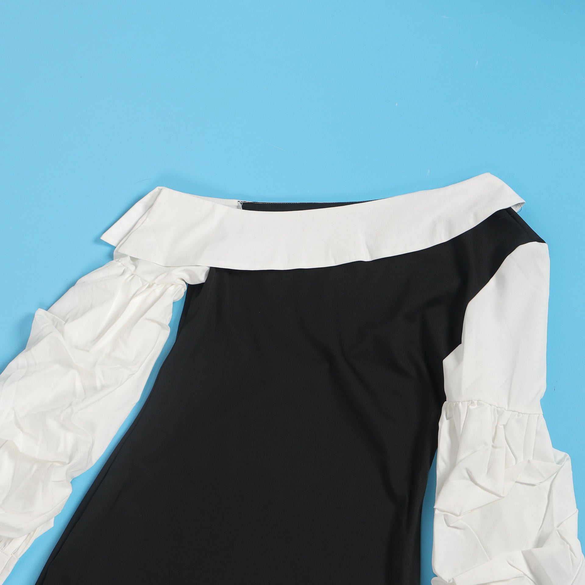 Women Contrast Slash Shoulder Stretch Bodycon Slit Balloon Sleeve Dress 21