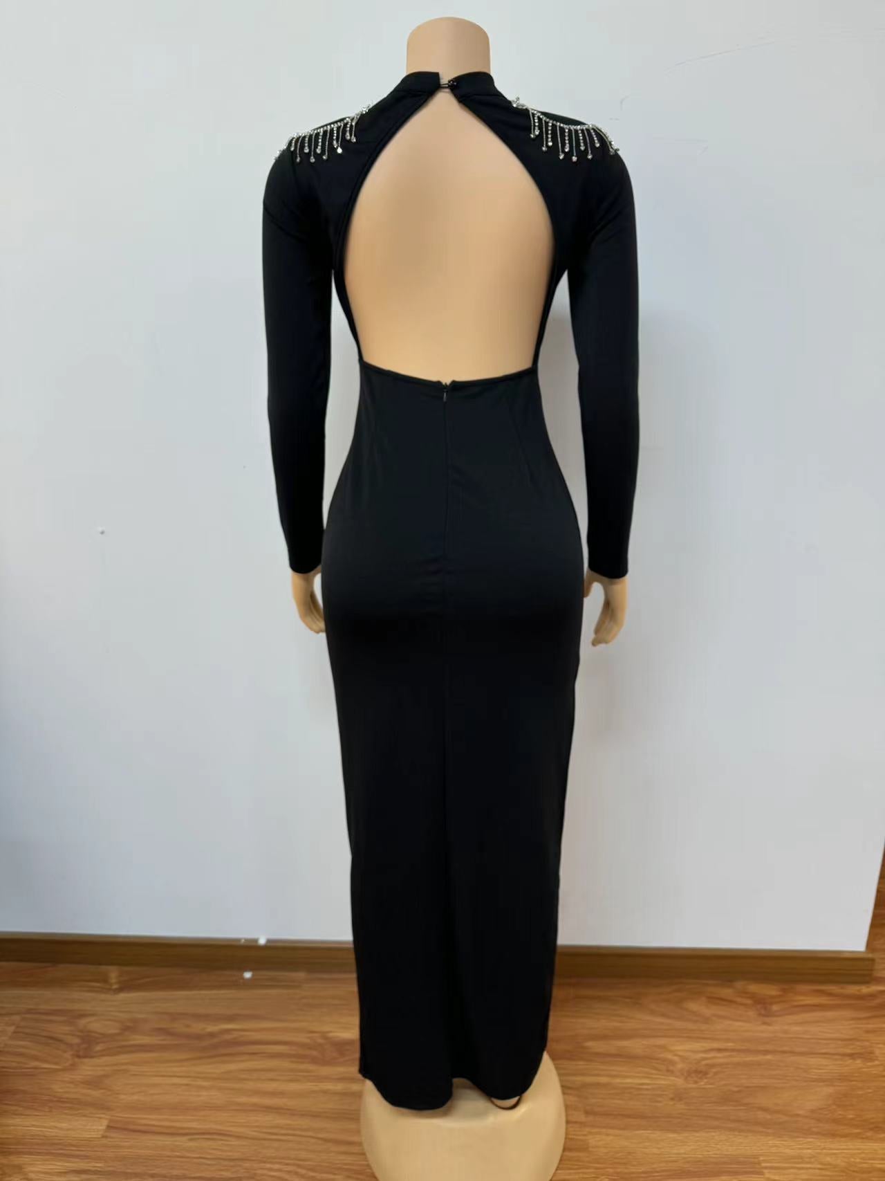 Women Half Turtle Neck Long Sleeve Solid Rhinestone Backless Slit Dress 9