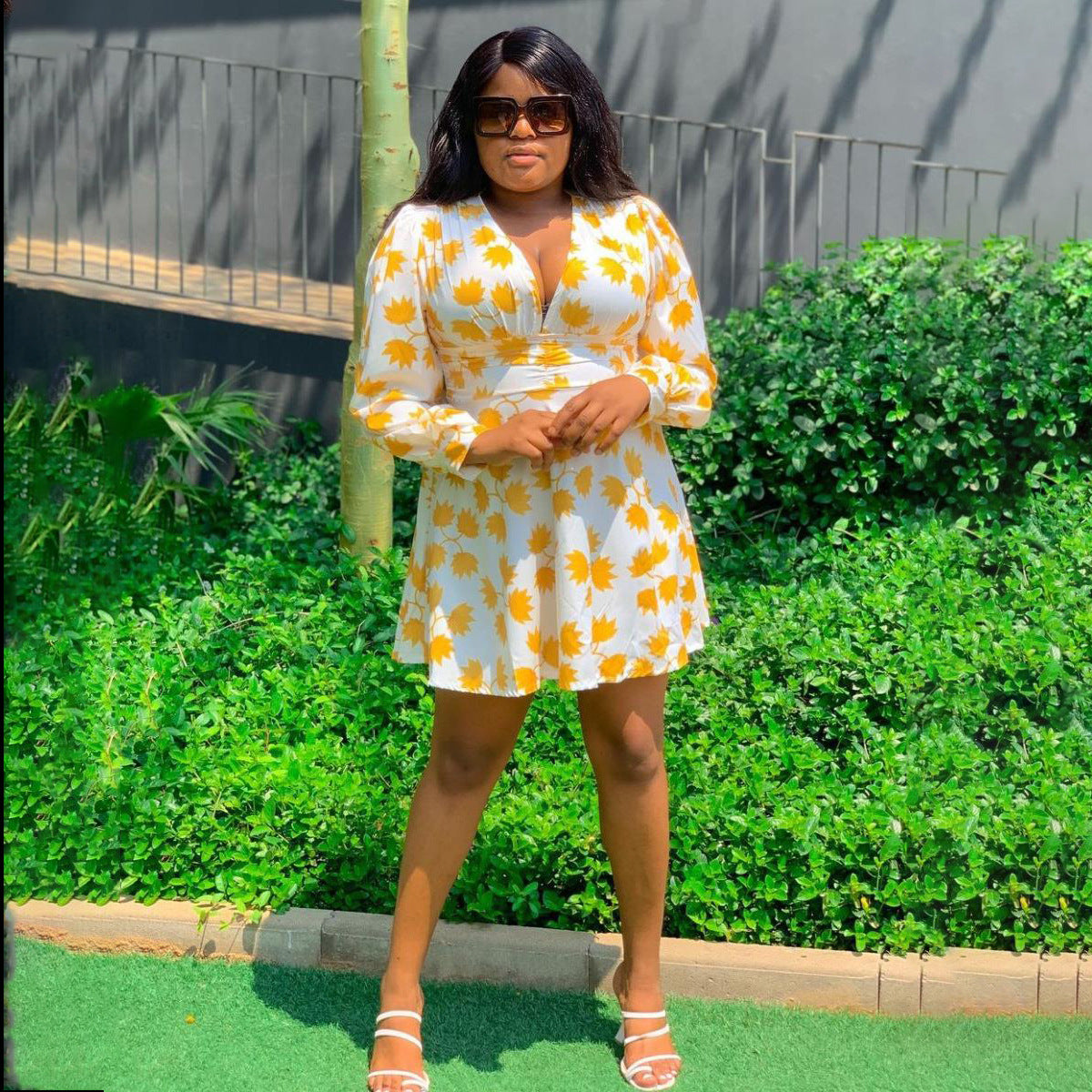 Women'S Printed Sexy V-Neck Plus Size Dress