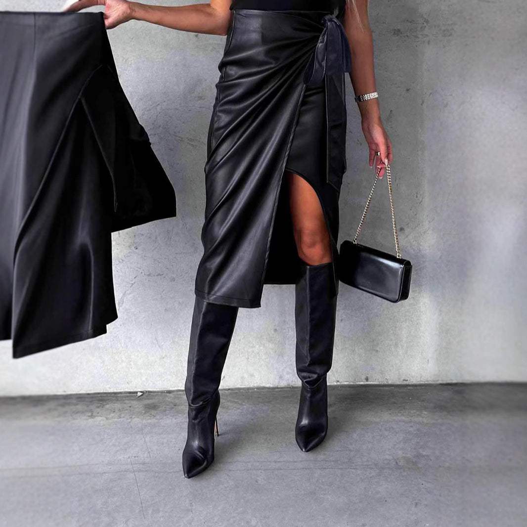 Fashion High Waist Slit Sexy PU Leather Tie-Waist Skirt 7