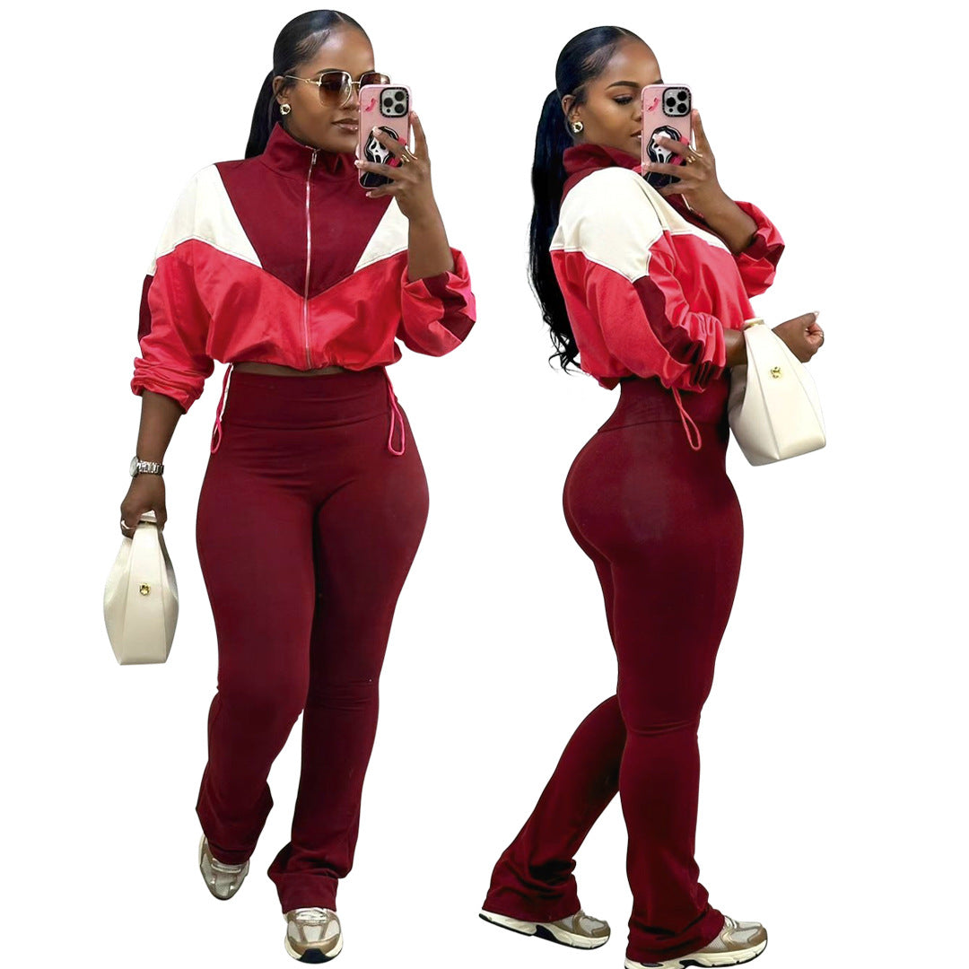Women Contrast Color Long Sleeve Top and Pants Two-Piece Set 8