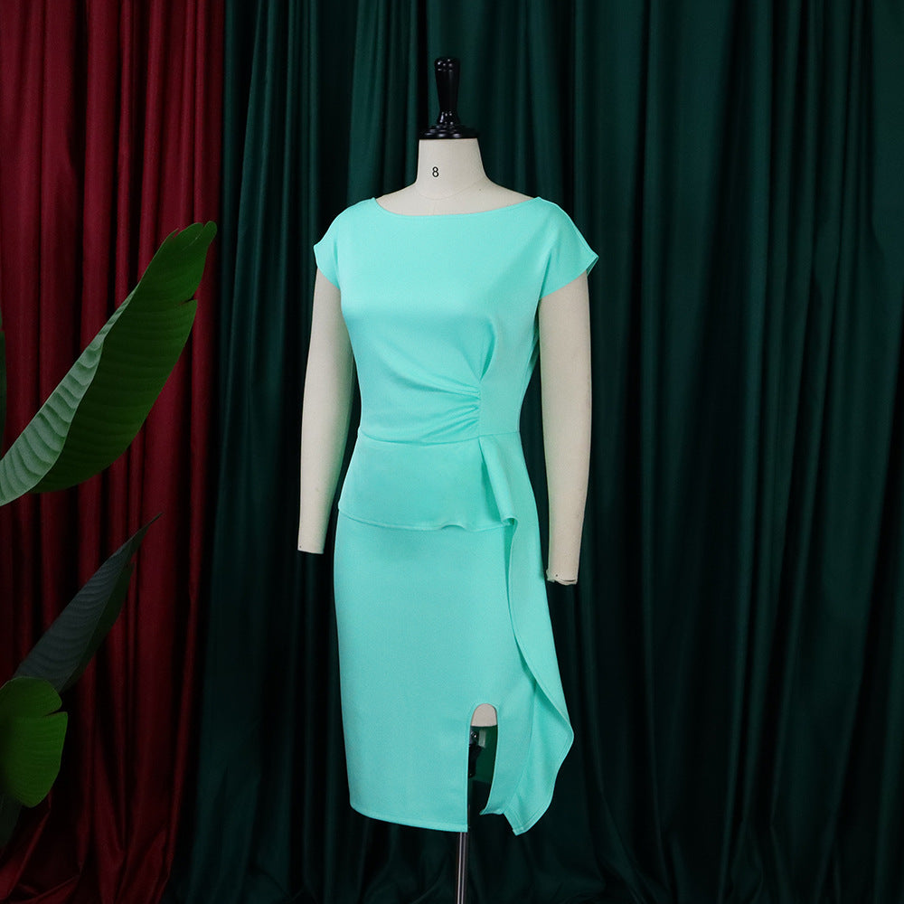 Women Summer Solid Pleated Ruffle Slit Bodycon Dress 8