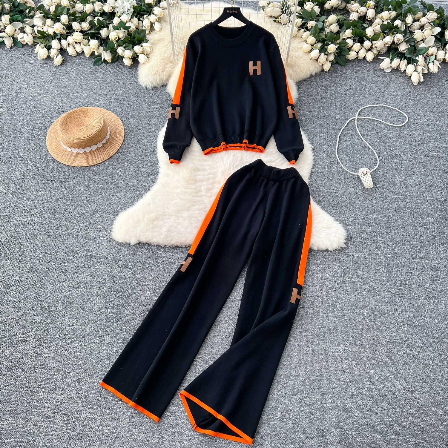 Women Letter Embroidery Knitting Long Sleeve Sweater Wide Leg Pants Two Piece 6