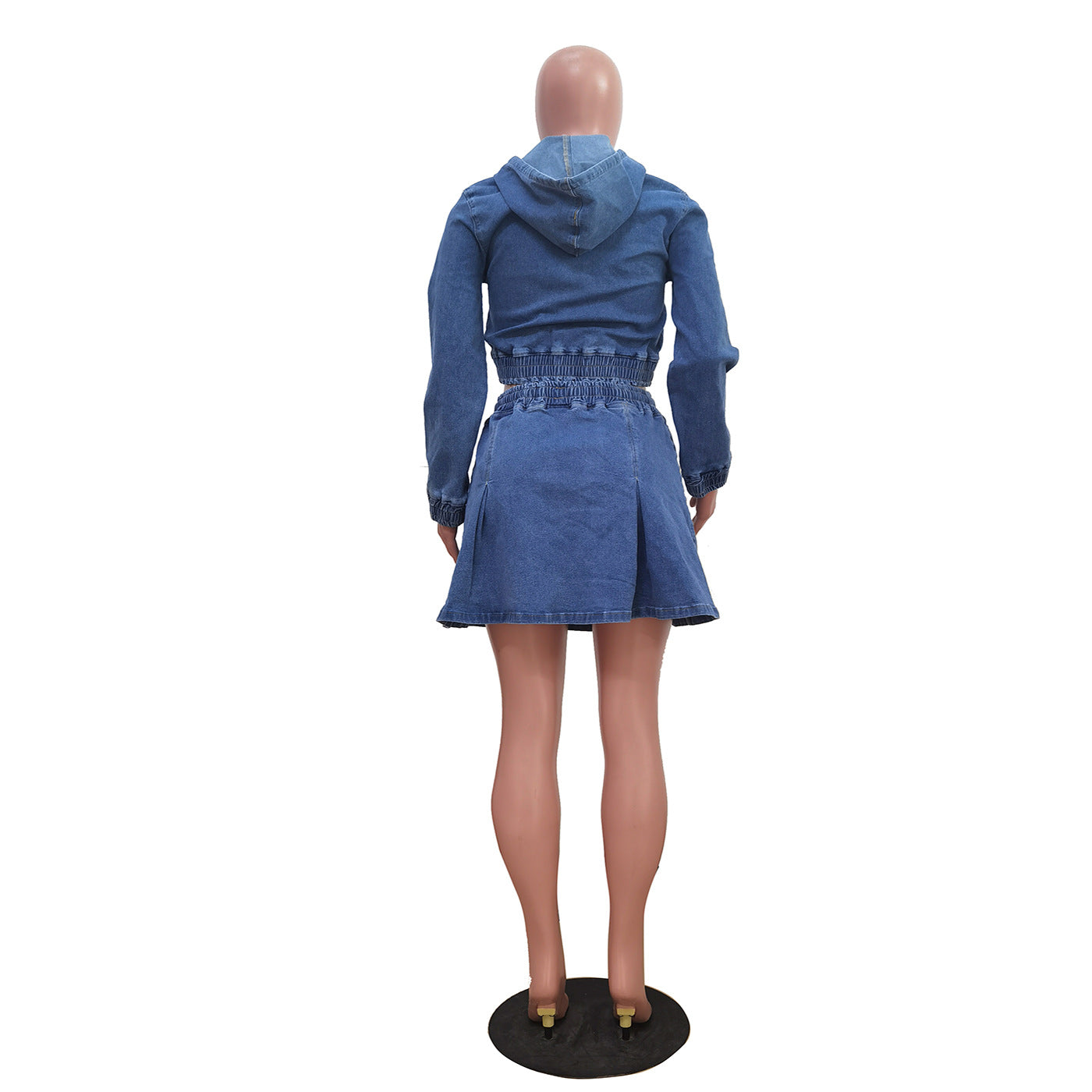 Women Casual Washed Long Sleeve Top and Denim Skirt Two-piece Set 11