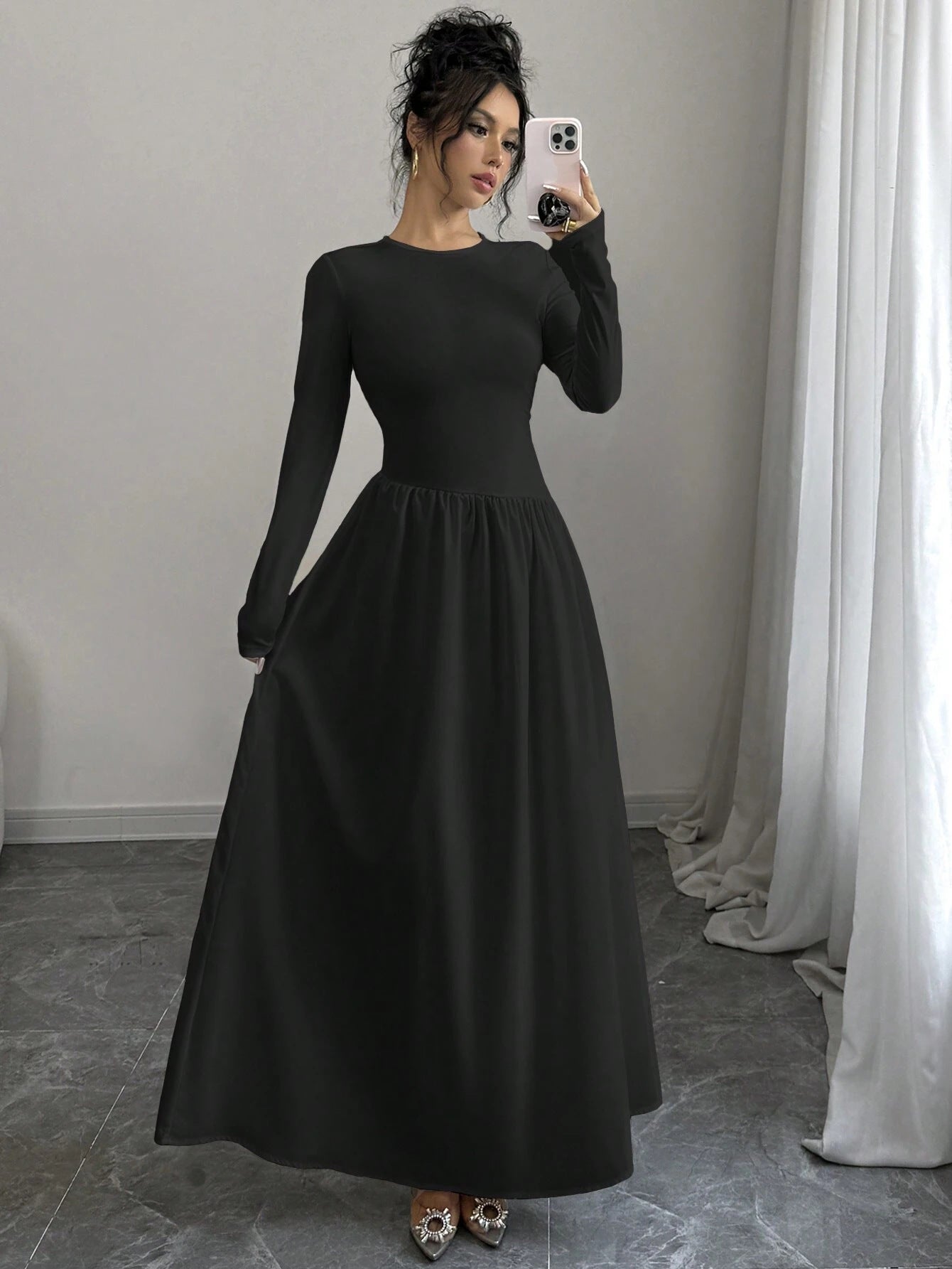 Women Fashion Elegant Black Round Neck Long Sleeve Dress 3