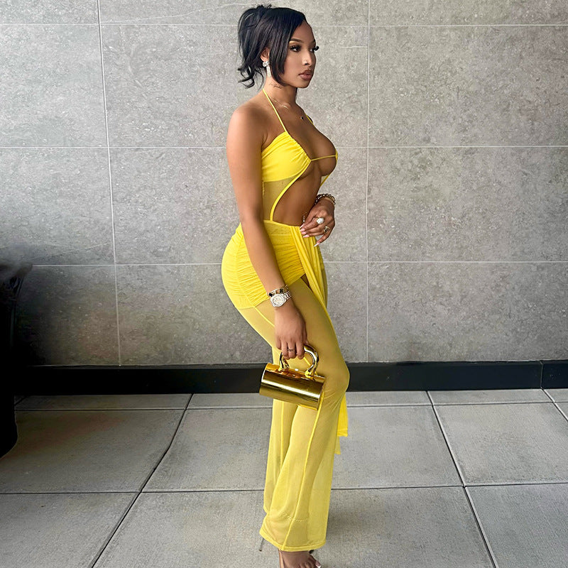 Women's Spring and Summer Halter Neck Open Waist Mesh Drawstring See-Through Hollow Ribbon Jumpsuit 5