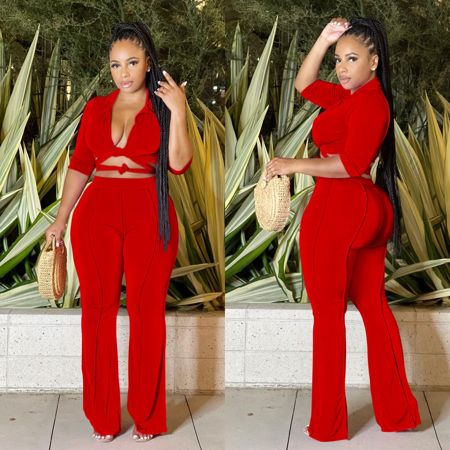 Fashion Women'S Solid Color Half-Sleeve Turndown Collar Shirt Trouserstwo Piece Set 5