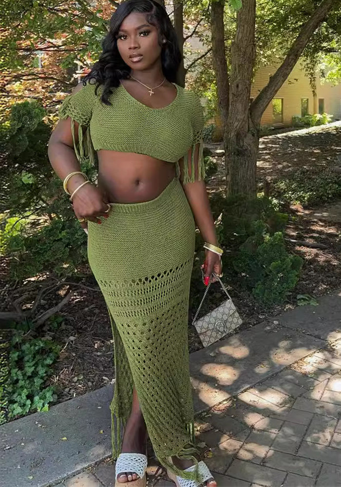 Women Knitting Hollow Tassel Sexy Top and Long Skirt Two-piece Set