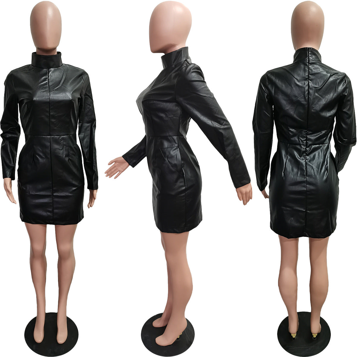 Women Solid Color Pu Leather Long Sleeve Pocket Zipper Dress 8