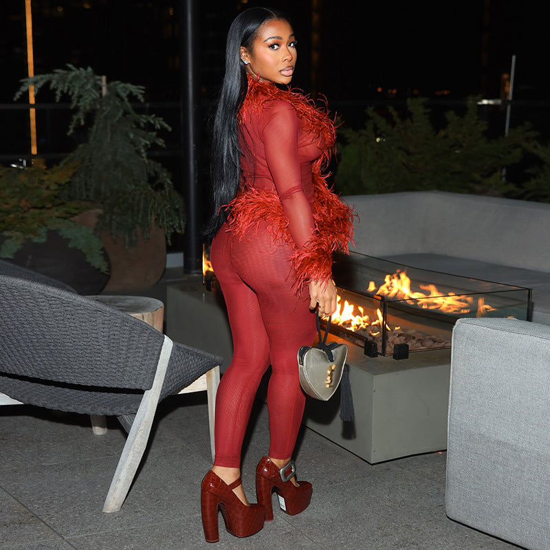 Women's Solid Color Mesh Patchwork Fuzzy Long Sleeve Top with Tight-Fitting Pants Two-Piece Set 10