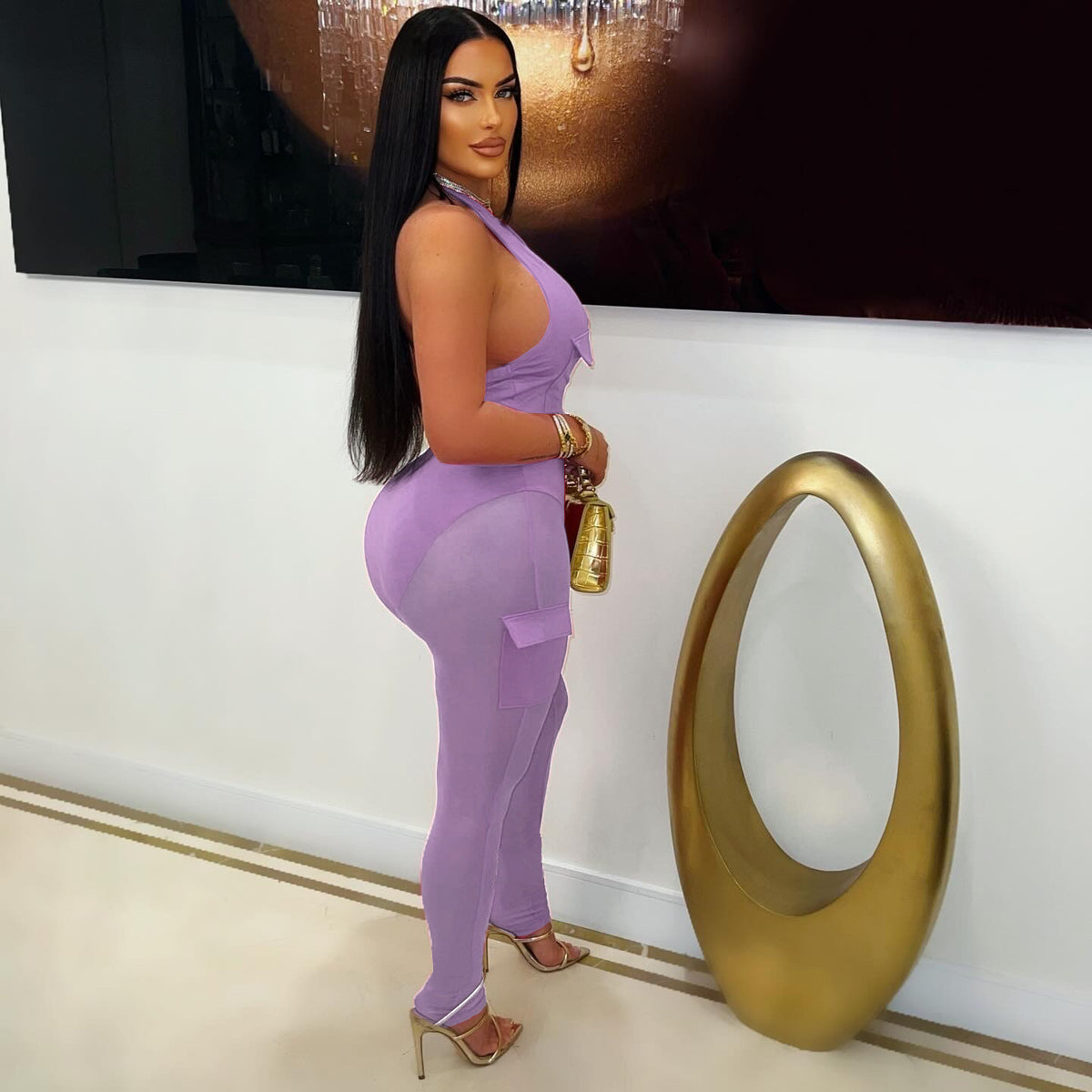 Summer Deep V-Neck Sleeveless Tight-Fitting Bodysuit Pocket Mesh Pants Set 30