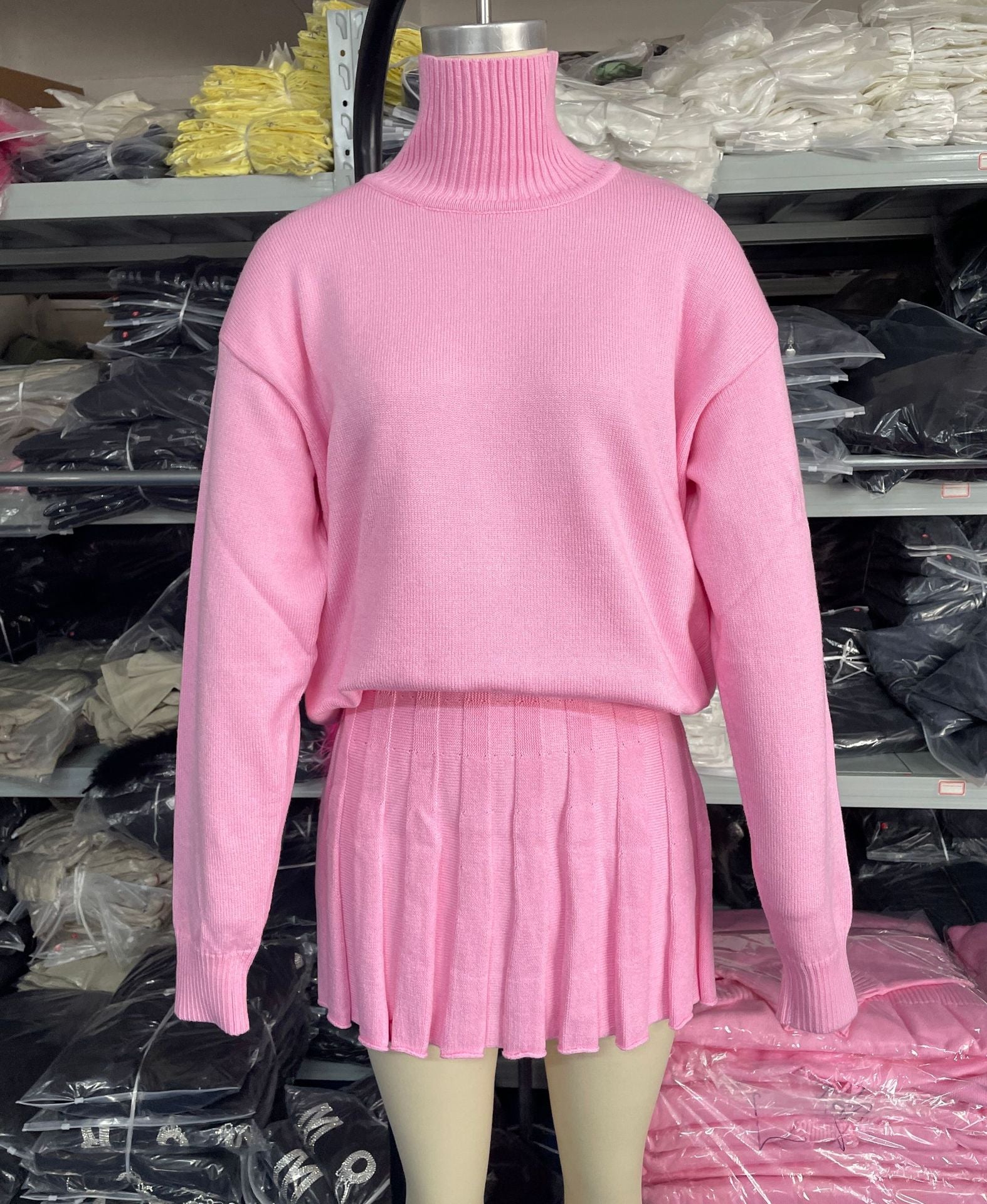College Style Outfit Solid Color Turtleneck Knitting Long-Sleeved Top Pleated Skirt Two-Piece Set 9