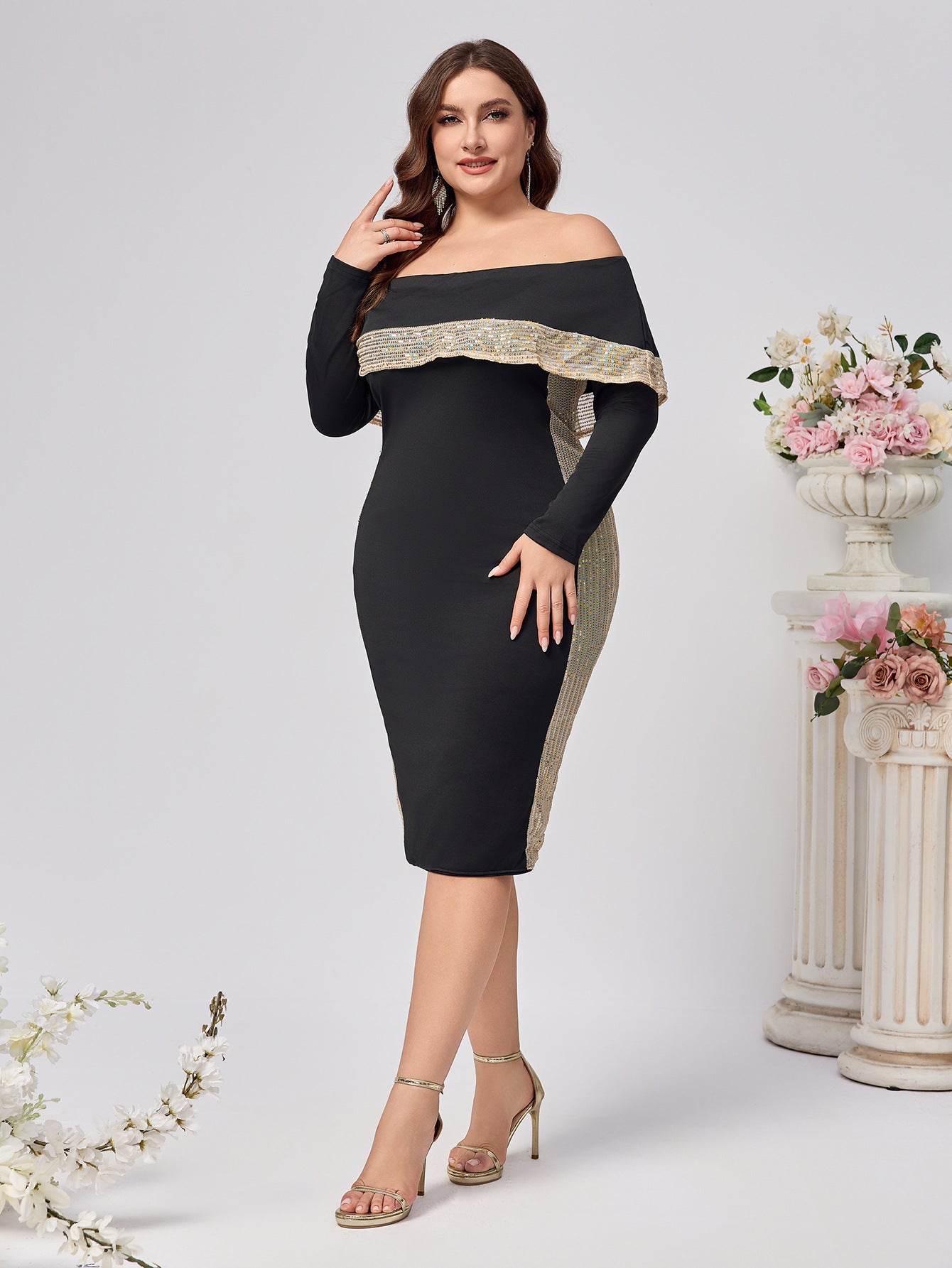Plus Size Women Off Shoulder Long Sleeve Sequin Sexy Dress 7