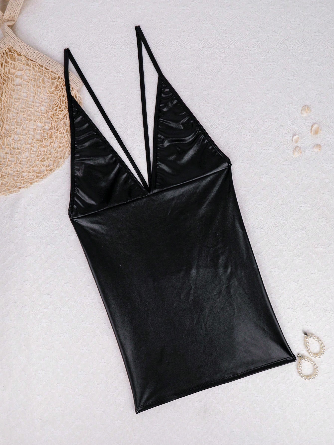 Women's Sexy V-Neck PU Low Back Mesh See-Through Tight Fitting Bodycon Dress 8