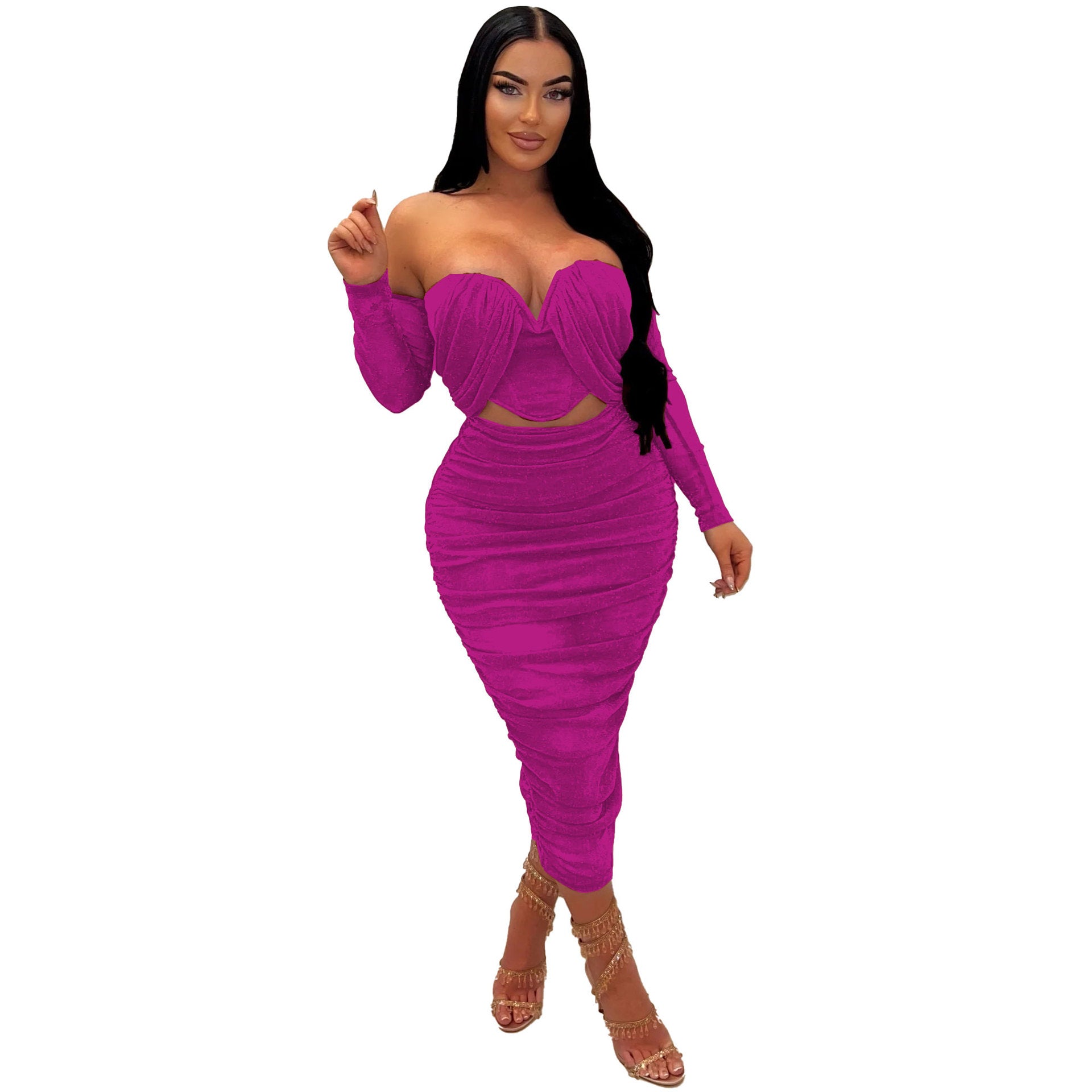 Sexy off shoulder pleated two piece skirt set nightclub wear 6