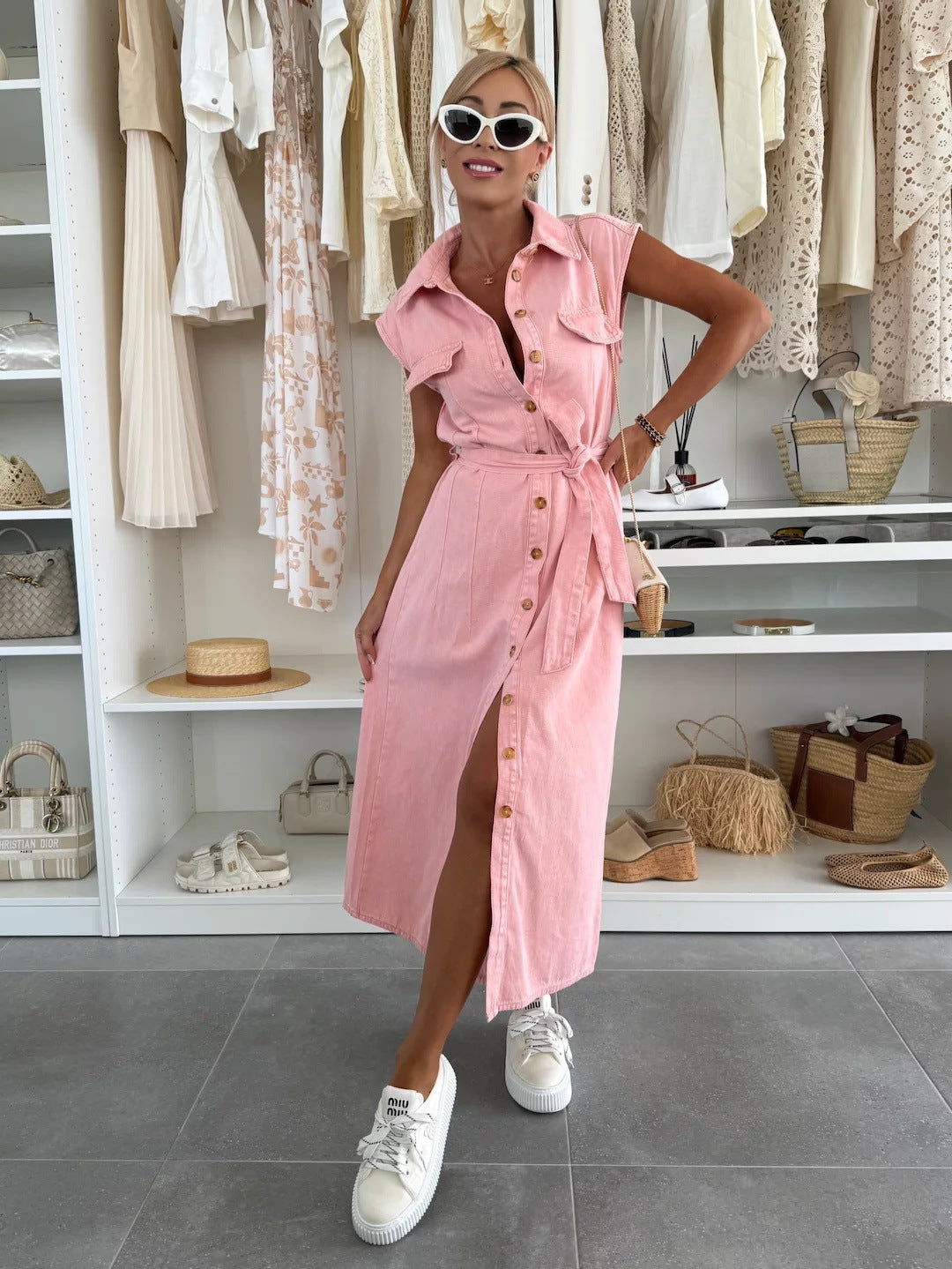 Women Casual Single-Breasted Sleeveless Denim Dress 7