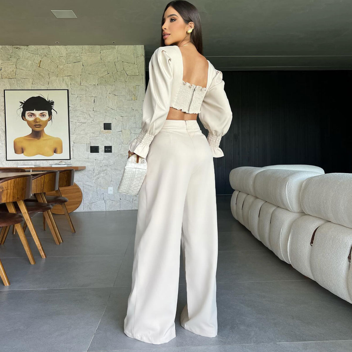 Women Solid Long Sleeve V-Neck Backless Top and Wide Leg Pants Two-Piece Set 4