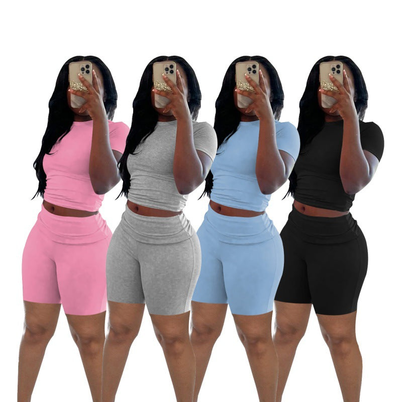 Short-Sleeve Round Neck Shorts Set Casual Summer Outfit 23