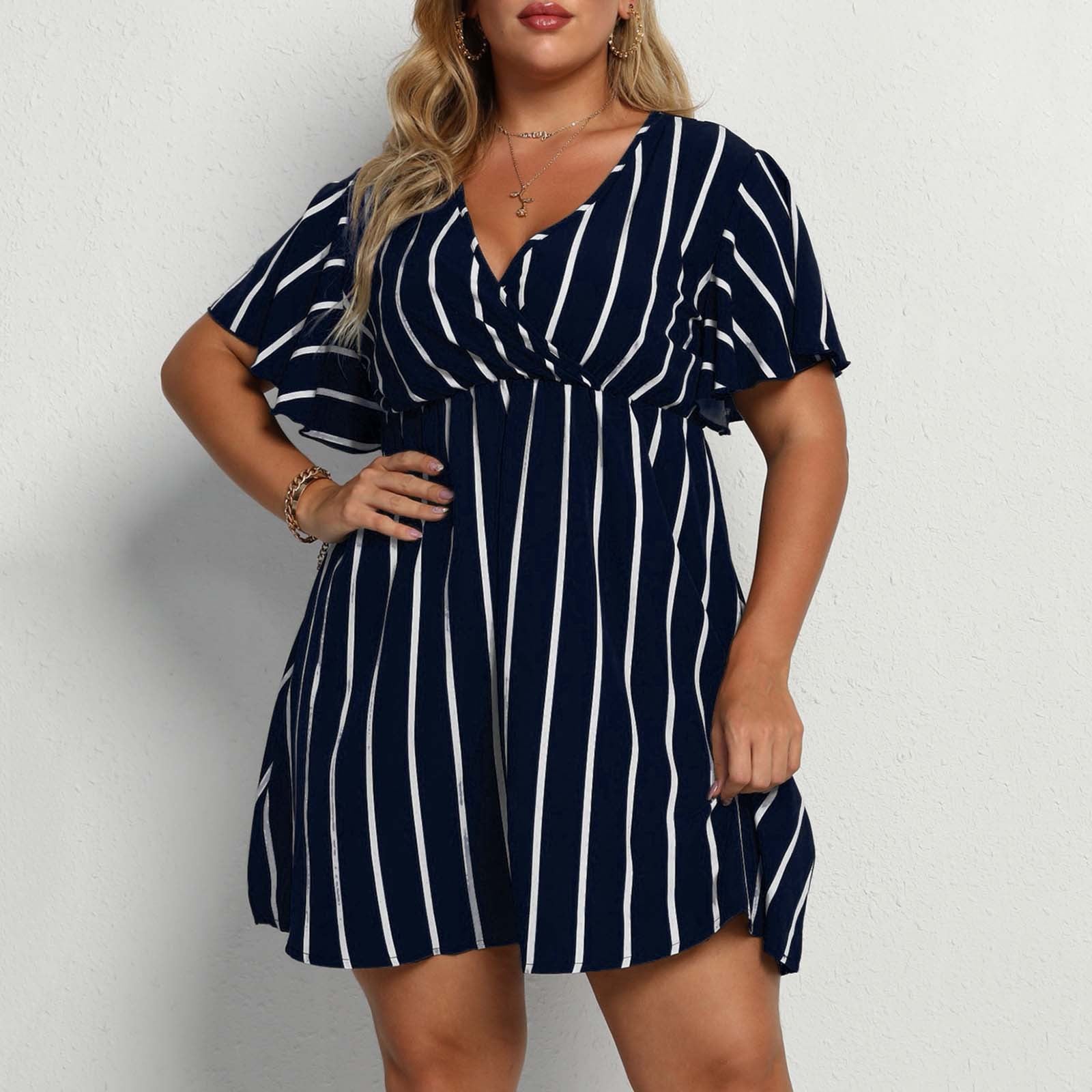 Plus Size Women Striped V-Neck Short Sleeve Loose Bohemian Dress 14