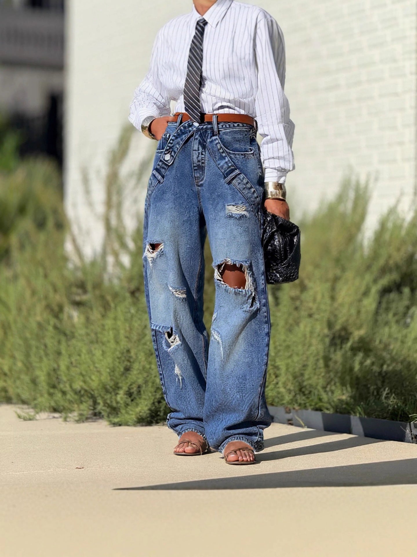 Ripped Wide Leg Denim Pants 4
