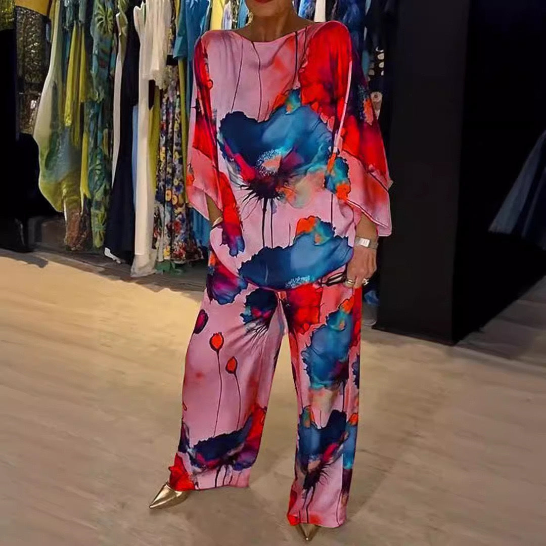 Summer And Autumn Elegant Loose Print Bat Sleeves Top Wide Leg Pants Two Piece Set 13